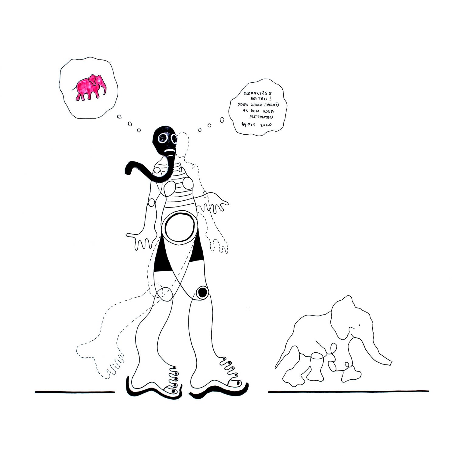 Elefantöse Zeiten, oder denk (nicht) an den rosa Elefanten, Collage, Tinte auf Papier, 2020,50x50